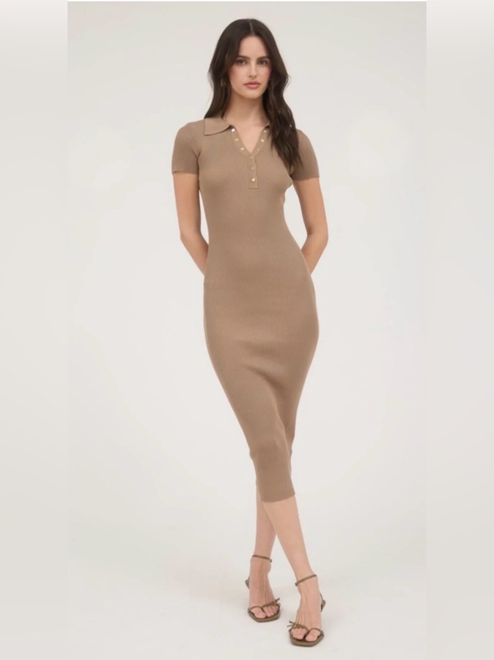 Workshop Republic Clothing Polo Ribbed Midi Dress Gold Buttons Large Beige/mocha